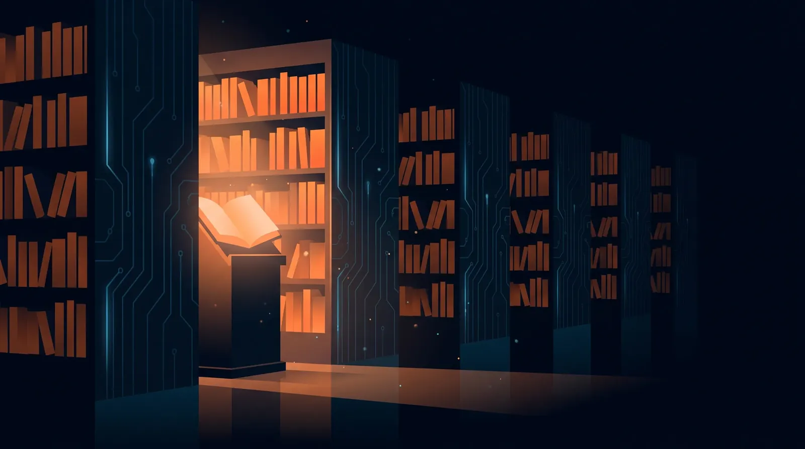 Illustration: a dark archive hall with glowing orange book shelves, one open book radiating orange light