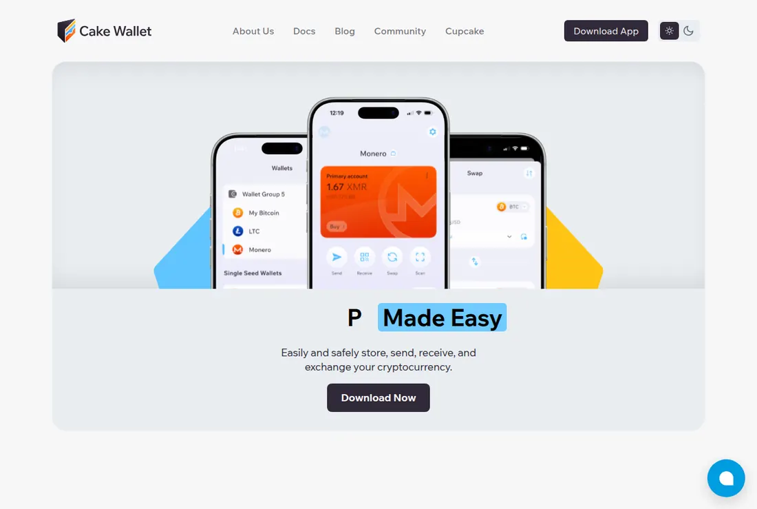 Cake Wallet frontpage (cakewallet.com, accessed 2026-09-29): open source, non-custodial, built-in exchange, 1.75M+ users.
