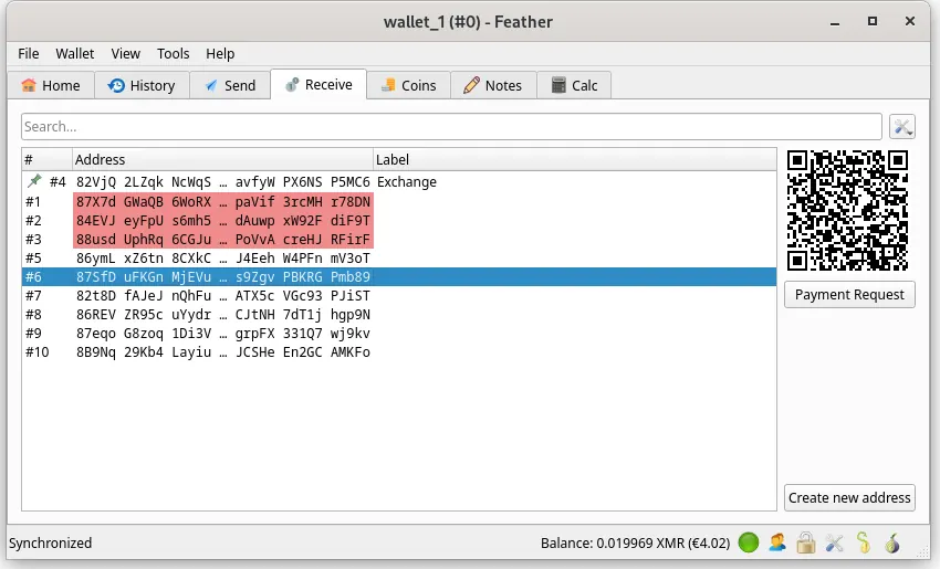 Feather's receive tab (featherwallet.org, accessed 2026-09-29): labeled sub-addresses #0-#10, each one a separate, unlinkable destination for a different counterparty.