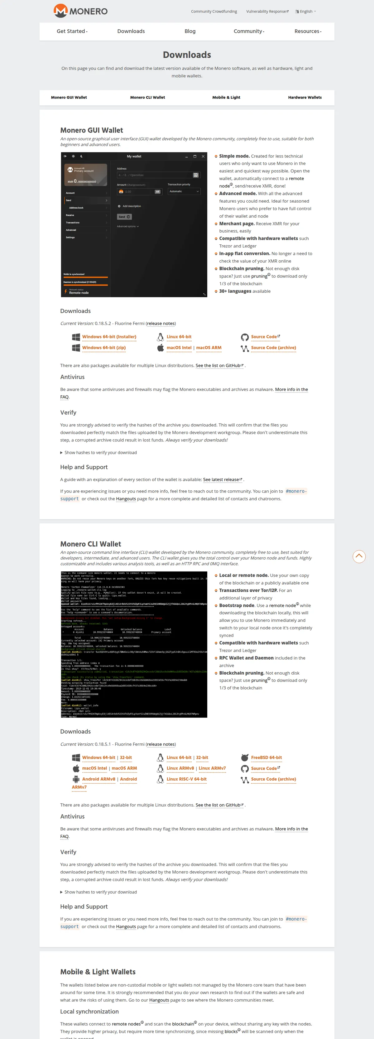 The official downloads page (getmonero.org, accessed 2026-09-29): GUI/CLI current versions, the local-sync vs lightweight classification, and the hardware compatibility table.