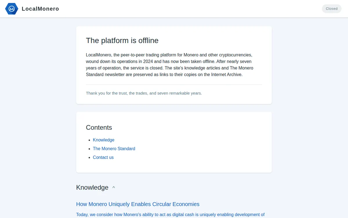 localmonero.co on 2026-09-29: the official closure notice. The real LocalMonero is offline - every "working" LocalMonero site is a clone.