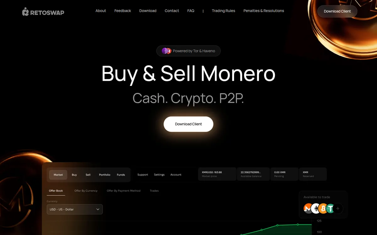 RetoSwap frontpage (retoswap.com, accessed 2026-09-29): 0.1% maker / 0.8% crypto taker / 2% fiat taker, 19,000+ completed swaps on the network.