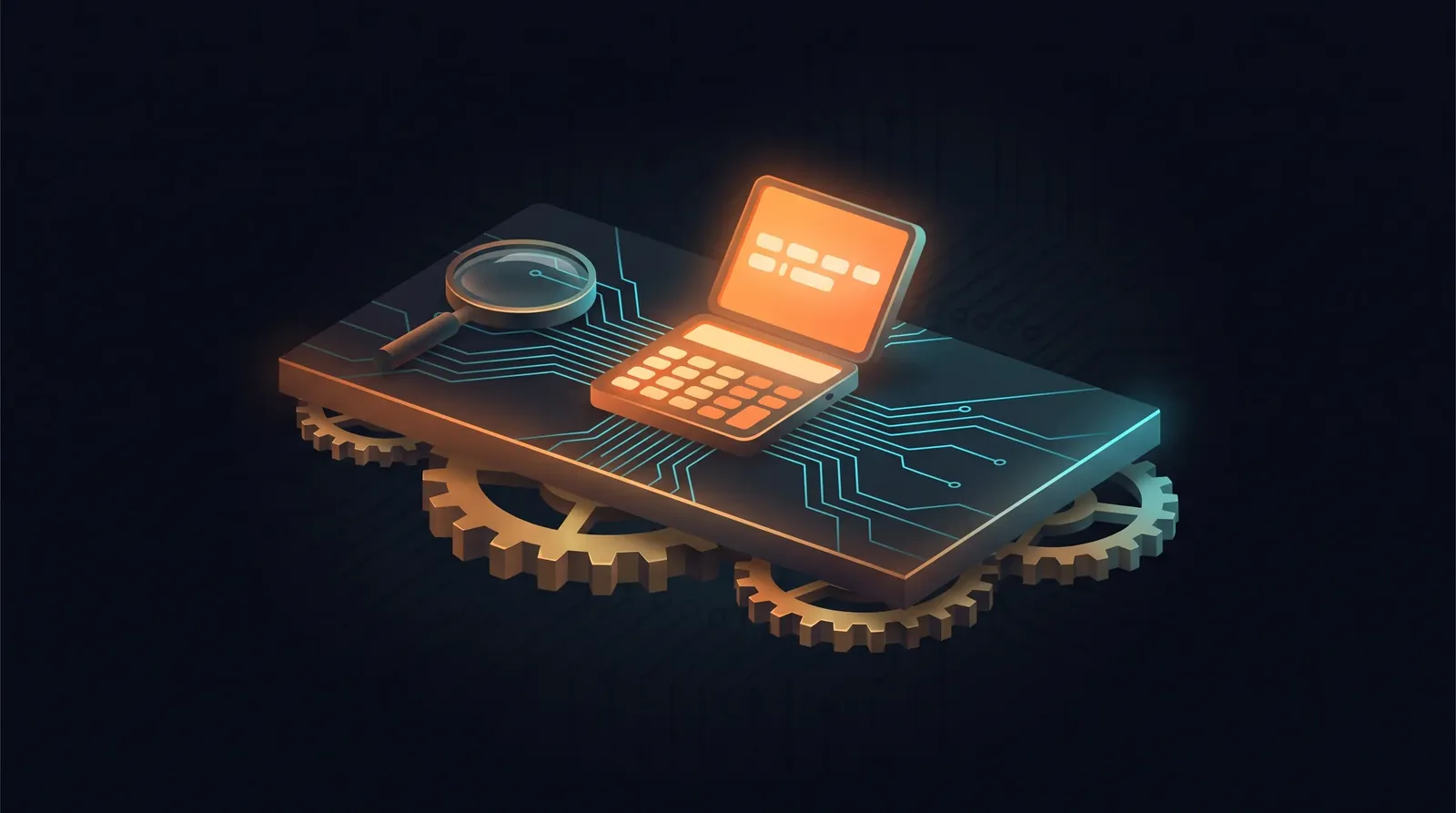 Illustration: a precision instrument workbench with glowing calculator, gears and lens, connected by circuit traces