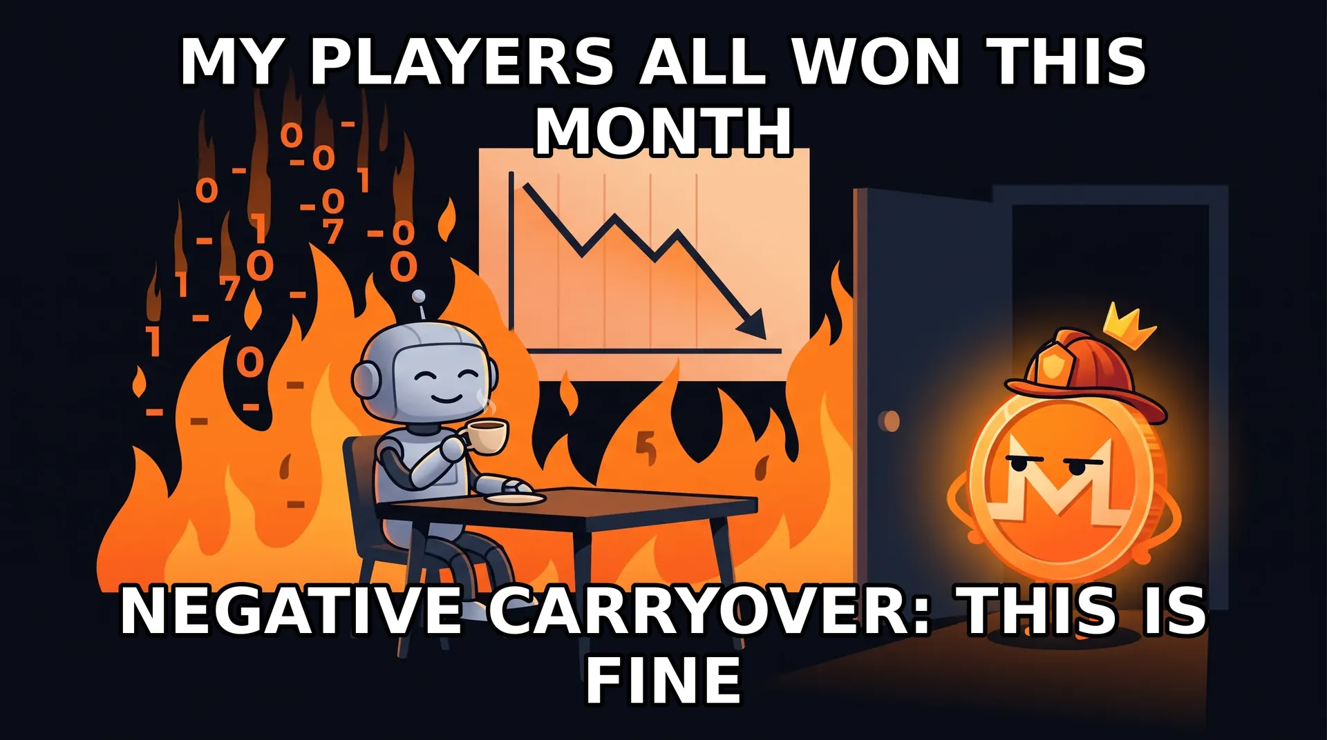 Meme - this-is-fine format: a calm robot sips coffee in a room of rising flames made of negative numbers while a chart trends down and a coin waits at the door in a fireman helmet.