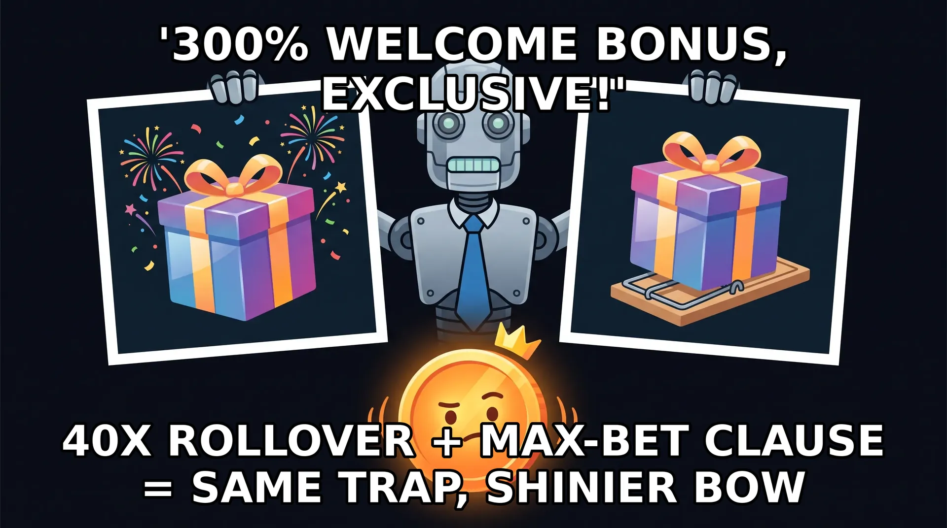 Meme - they-are-the-same-picture format: a robot holds up a gift box with fireworks and the identical gift box hiding a mousetrap, challenging the viewer, while a coin shakes its head.