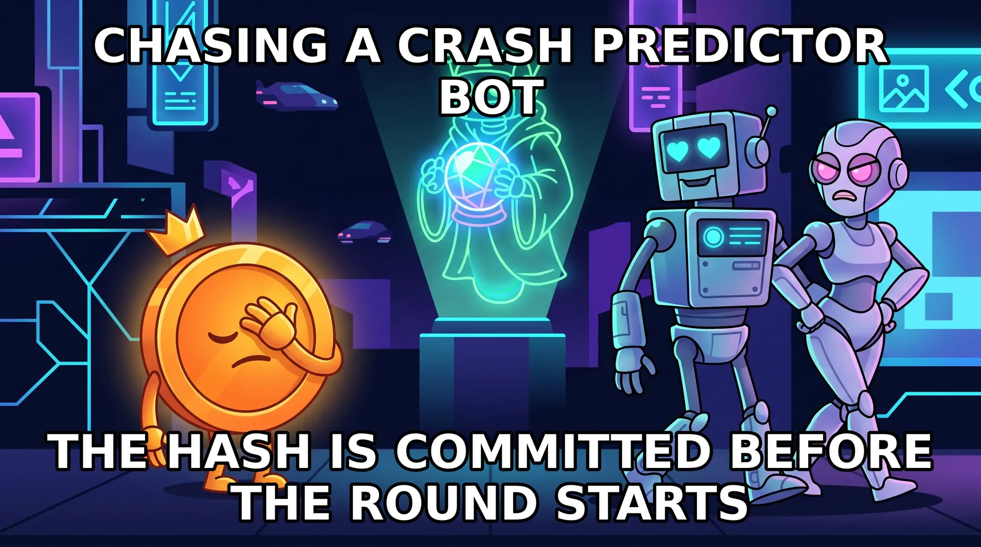 Meme - distracted boyfriend format with robots: the player robot stares at a flashy predictor-bot hologram while his scandalized partner glares and a crowned Monero coin facepalms.