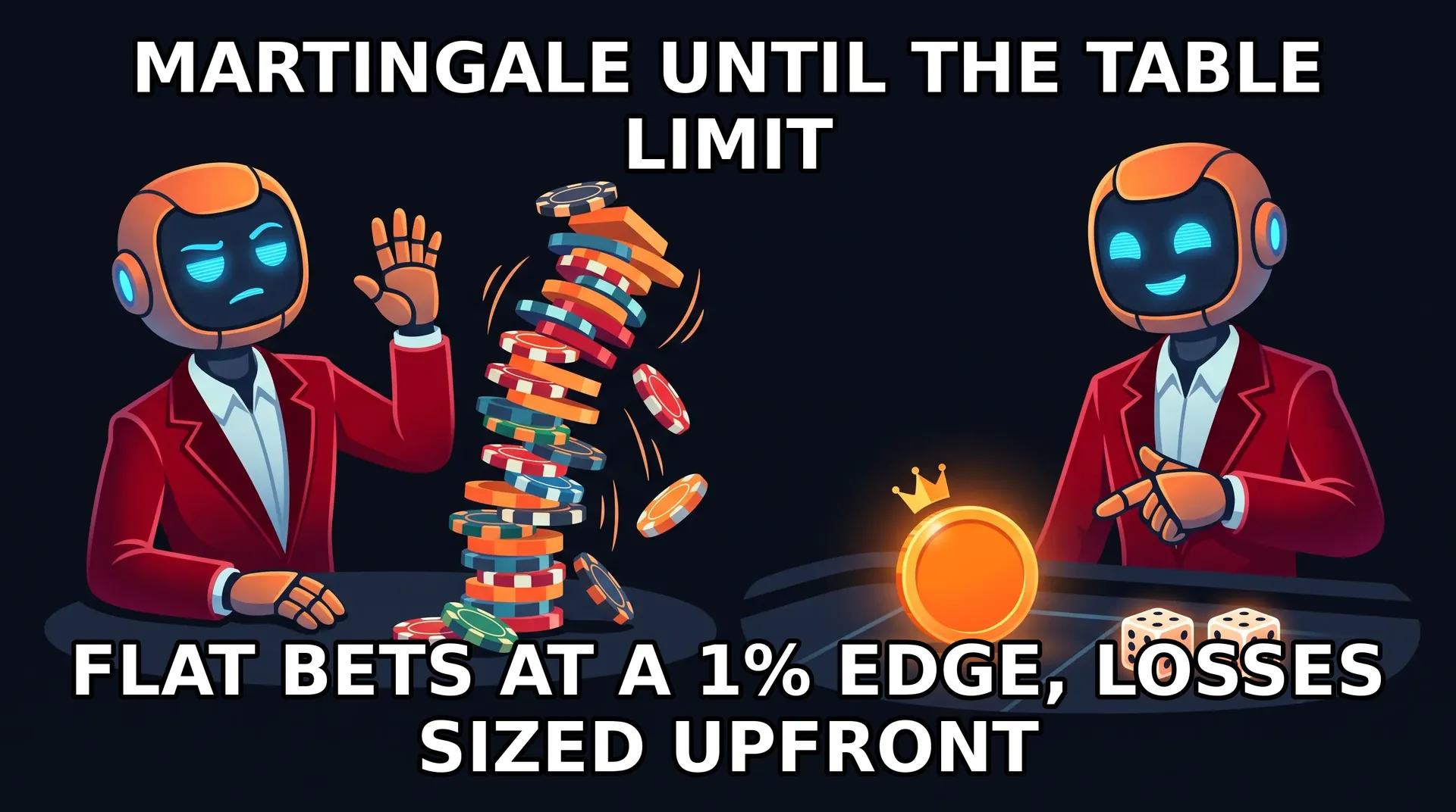 Meme - two-panel approve and reject: the robot rejects a collapsing tower of doubling Martingale bets and approves a single flat bet with balanced dice at a one percent edge.