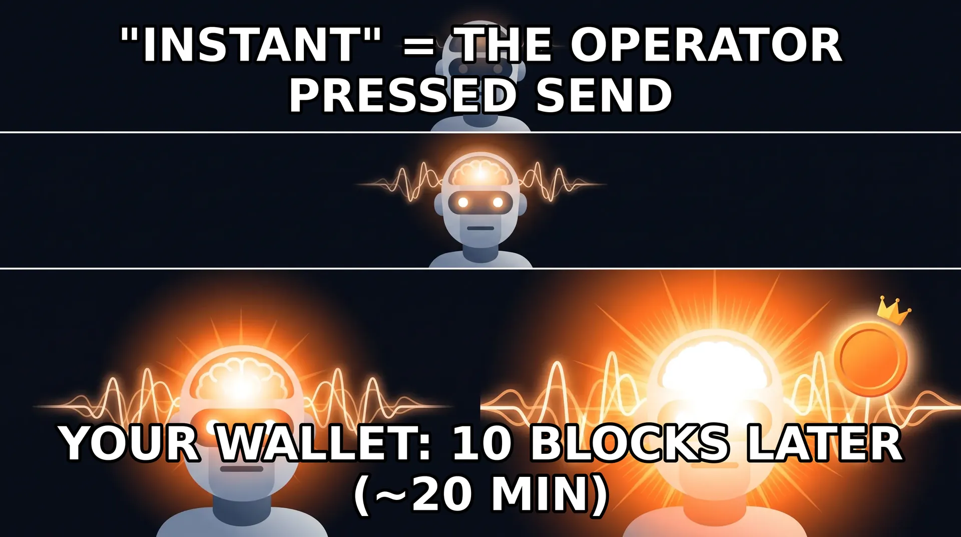 Meme - four-panel expanding brain meme where the glowing head represents the realization that instant casino credit still waits for ten blockchain blocks in your wallet.