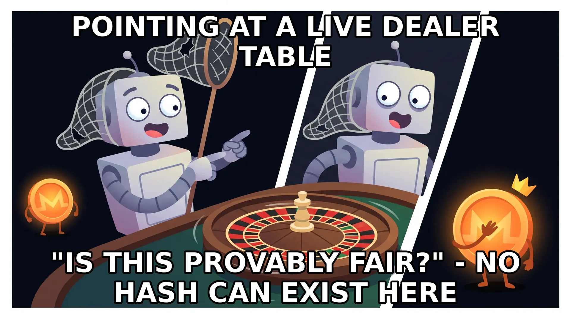 Meme - is-this-a-pigeon format: a naive robot points at a live roulette wheel asking if it is provably fair while a Monero coin facepalms, because no hash can commit a physical outcome.