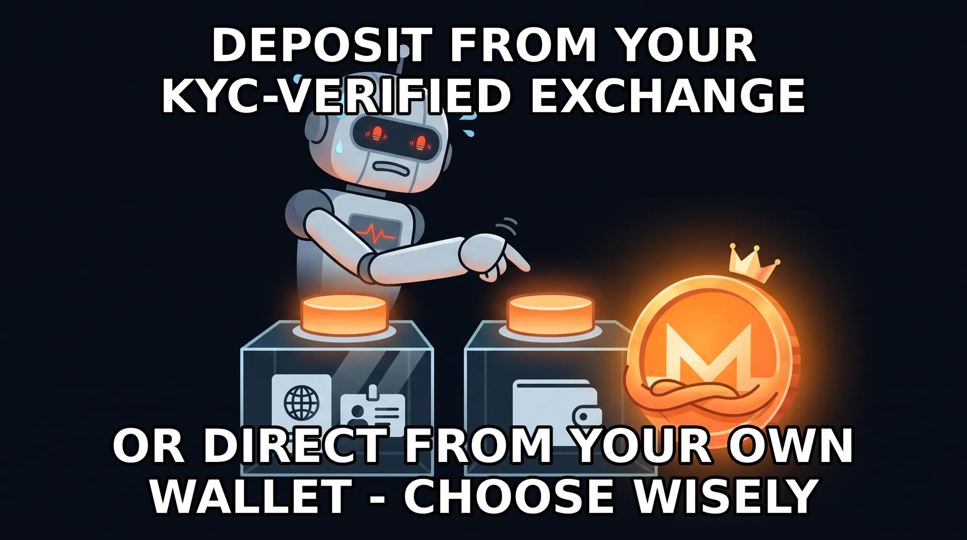 Meme - a sweating robot hovers between a KYC-verified exchange deposit button and an anonymous wallet deposit button while a crowned Monero coin points at the second one.