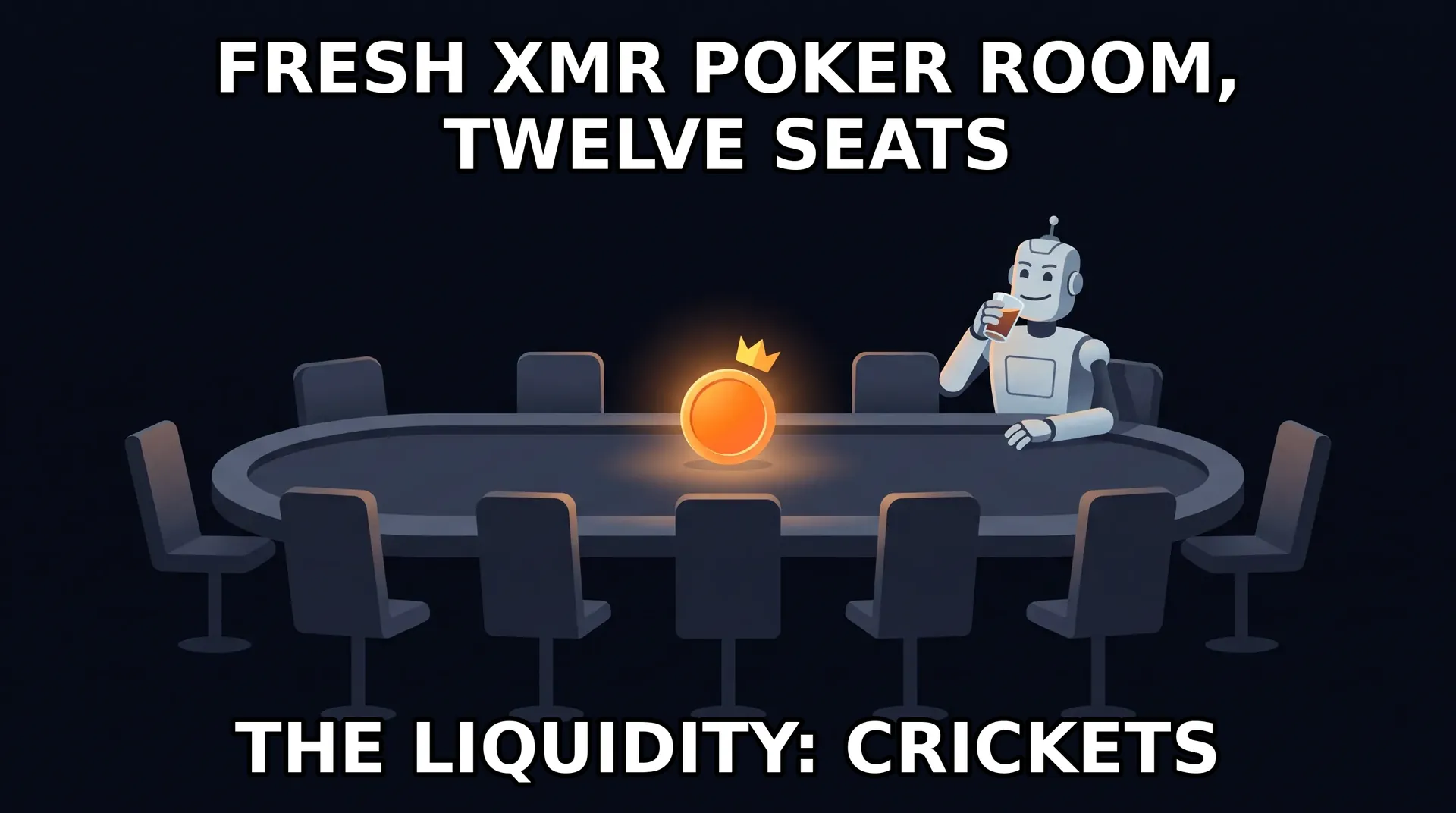 Meme - change-my-mind format at an empty poker room: an optimistic robot sits alone at a twelve-seat table inviting debate while a lone Monero coin glows at the dealer position.