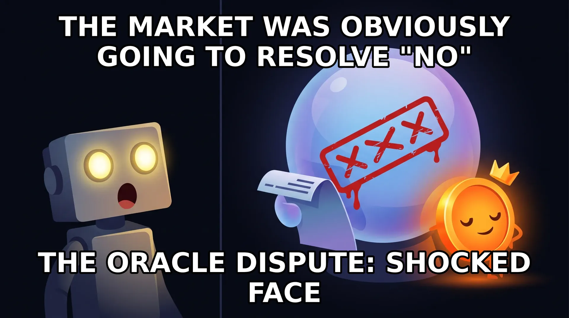 Meme - surprised-pikachu format: a shocked robot stares at an oracle sphere stamping a red seal over a bet slip while a knowing Monero coin leans against the sphere.