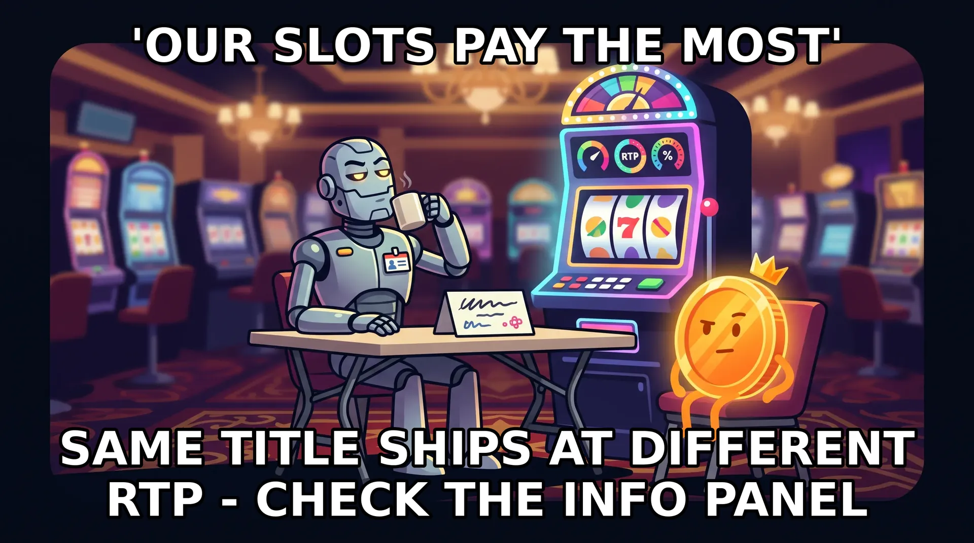 Meme - change-my-mind format: a smug robot at a folding table next to a slot machine with visible RTP dials claims their slots pay the most while a skeptical coin listens.