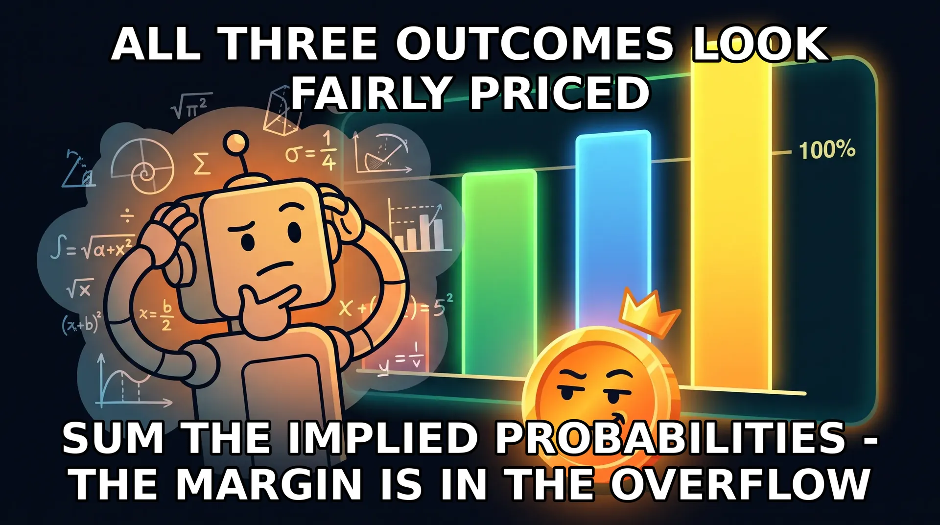 Meme - math-lady format: a confused robot floats in probability equations while a sportsbook board's implied probabilities visibly overflow past 100 percent and a coin smirks.
