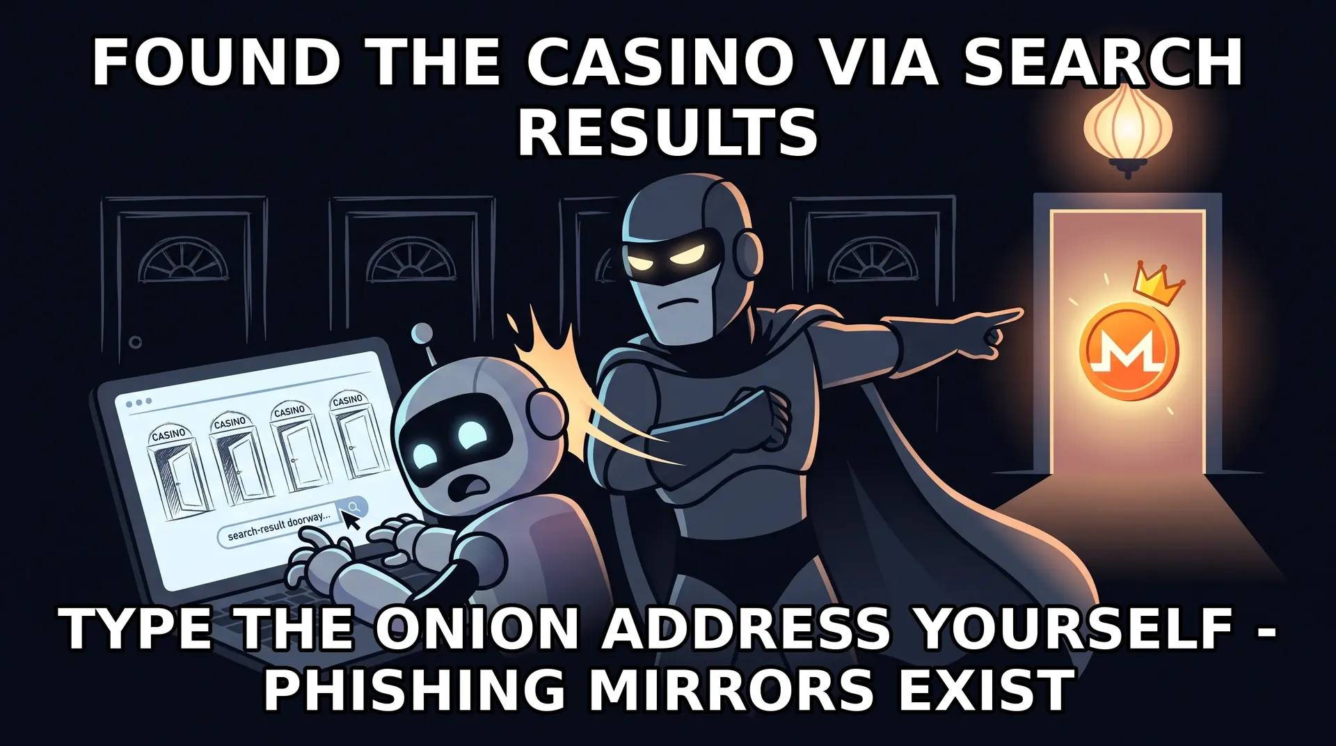Meme - batman-slap format: a caped hero robot slaps a naive robot about to click a search-result link and points at the one correct doorway marked by an onion lantern, coin waiting inside.