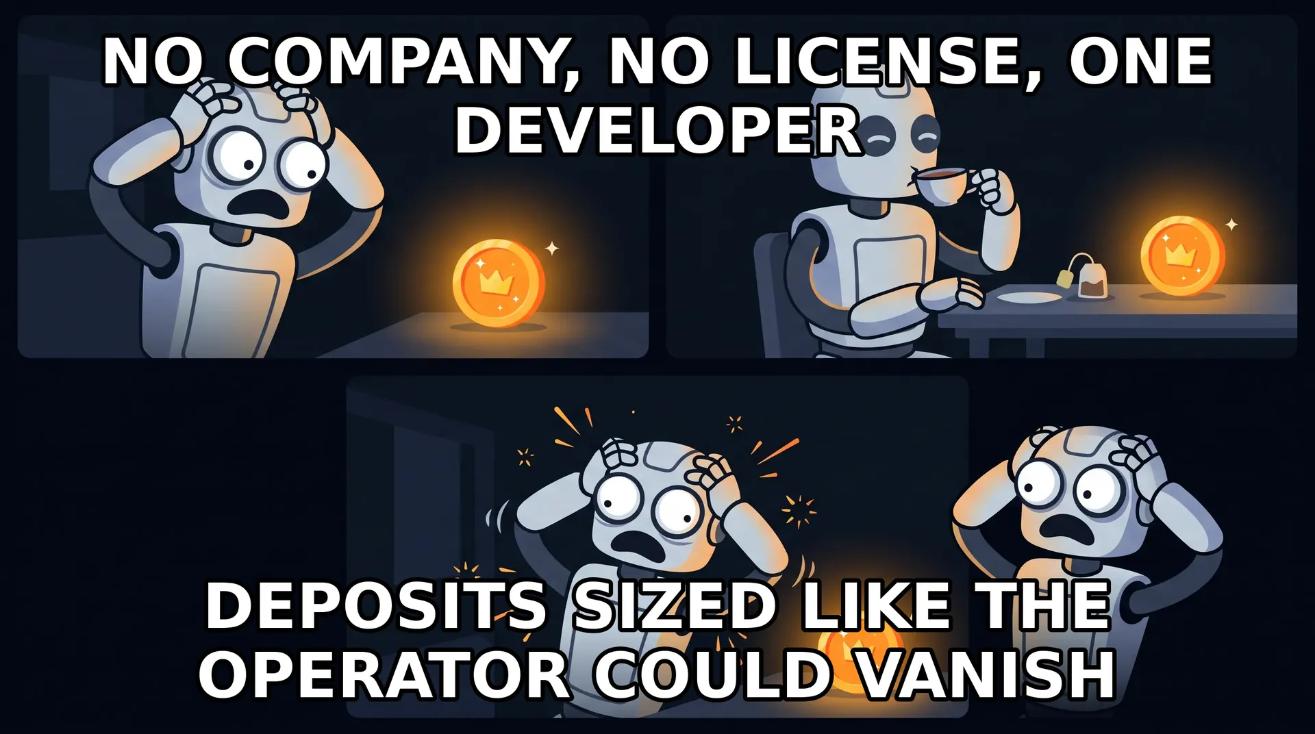 Meme - panic-calm-panic three-panel: a robot alternates between panic and tea-sipping calm about one-developer casino sites while the Monero coin sits unbothered in every panel.