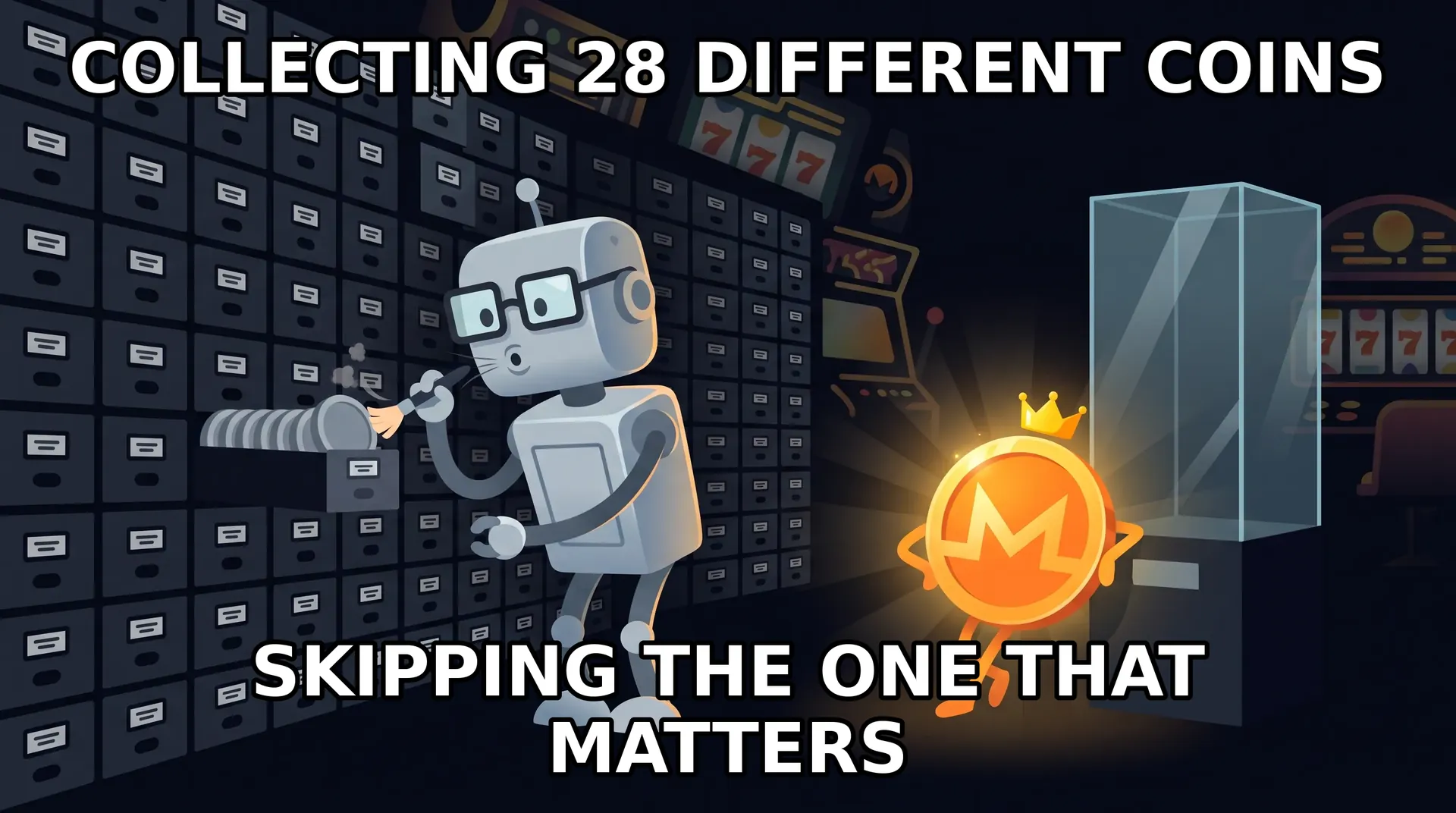 Meme: Bitsler tries hard to look cool while the glowing Monero coin steals the show.