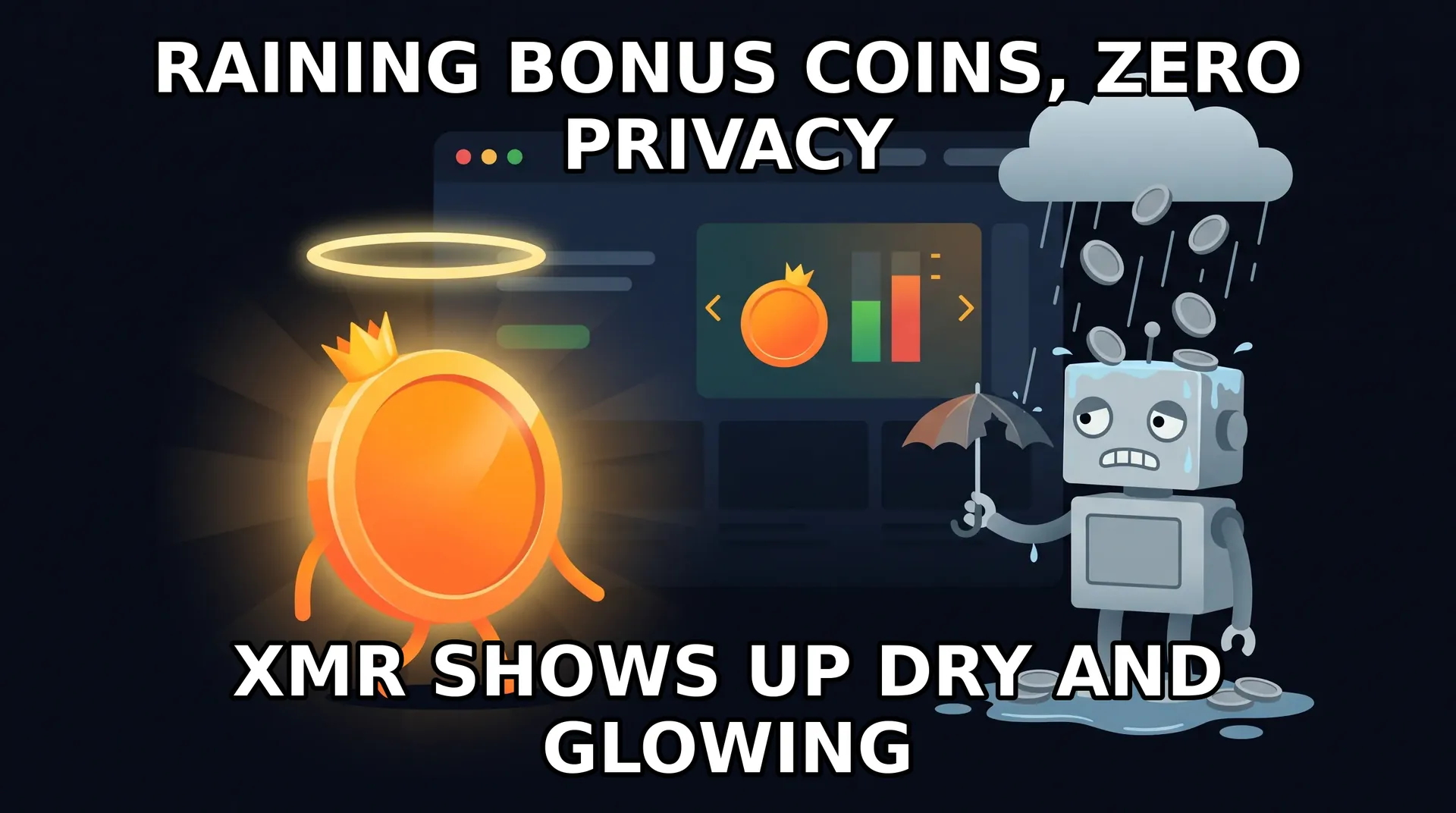 Meme: Rainbet tries hard to look cool while the glowing Monero coin steals the show.