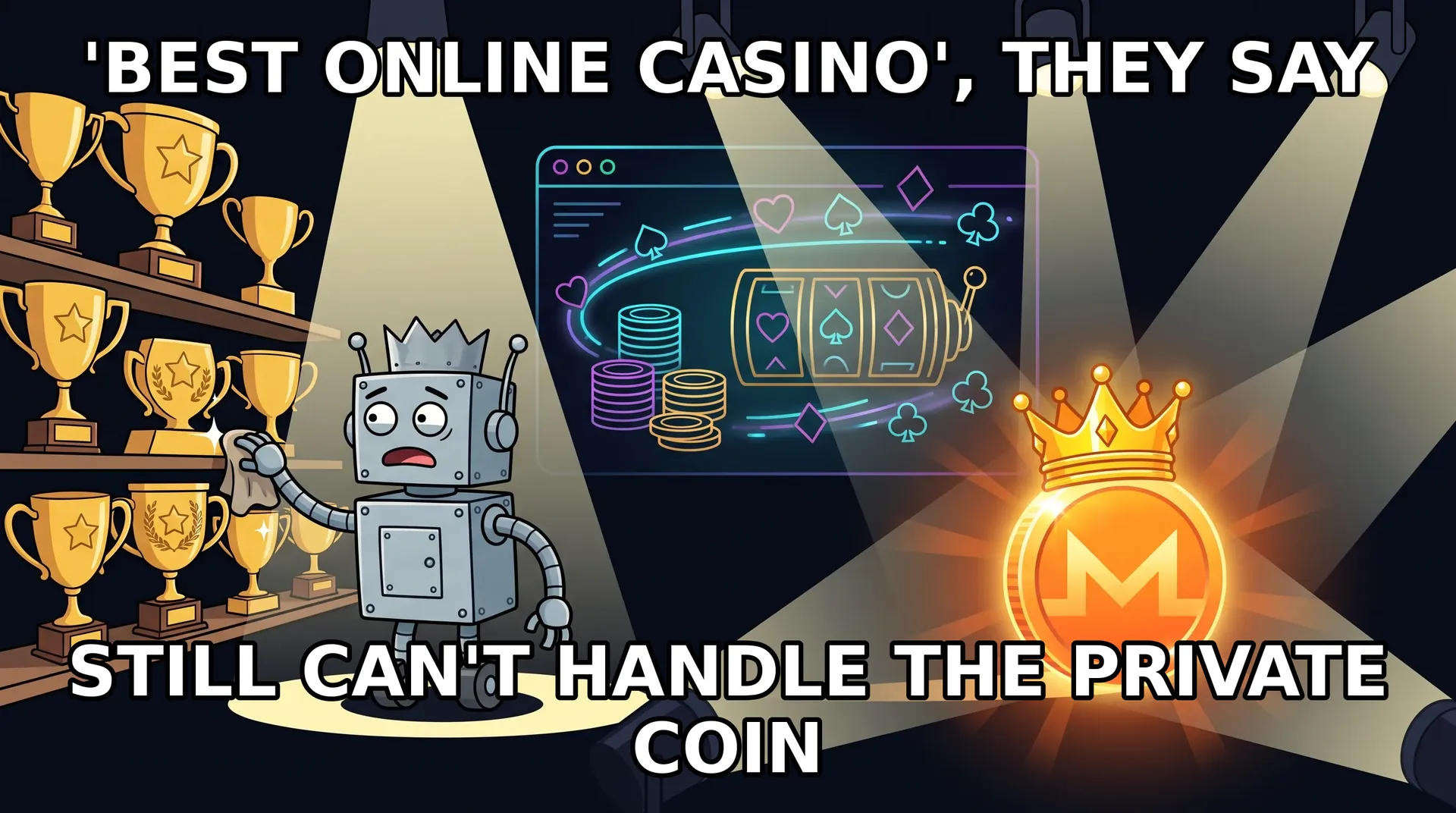 Meme: Winz.io tries hard to look cool while the glowing Monero coin steals the show.