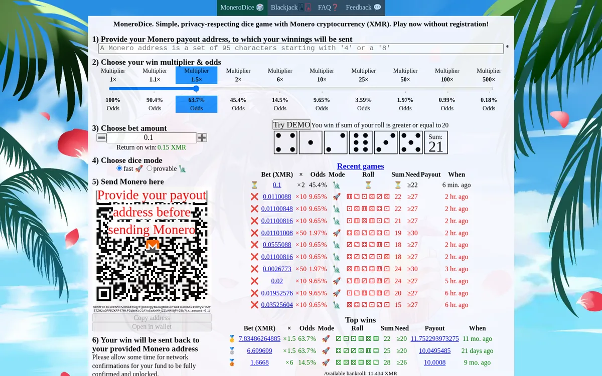 Screenshot: MoneroDice homepage