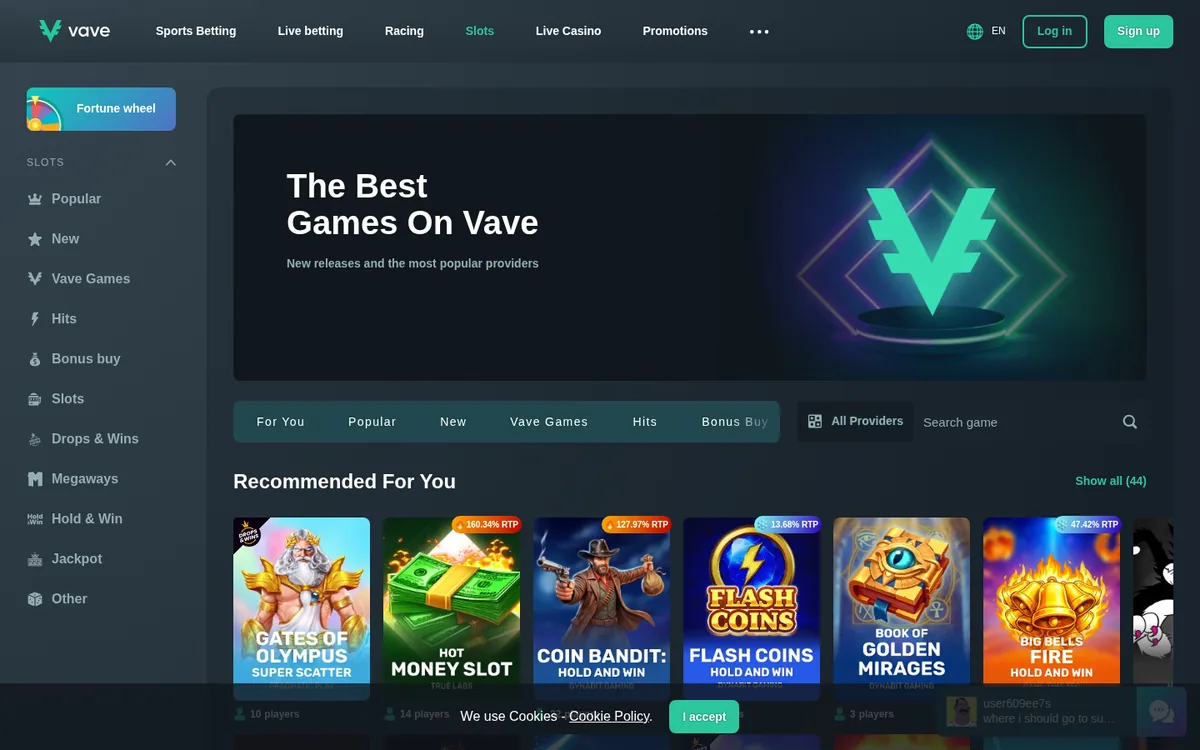 Screenshot: Vave game lobby
