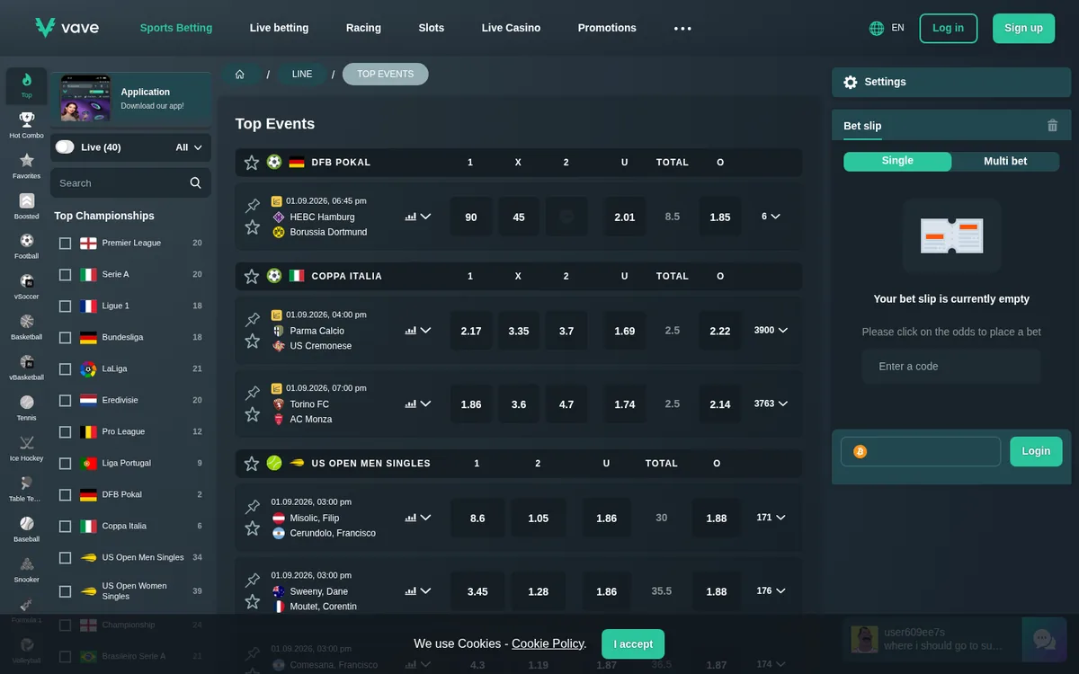 Screenshot: Vave sportsbook